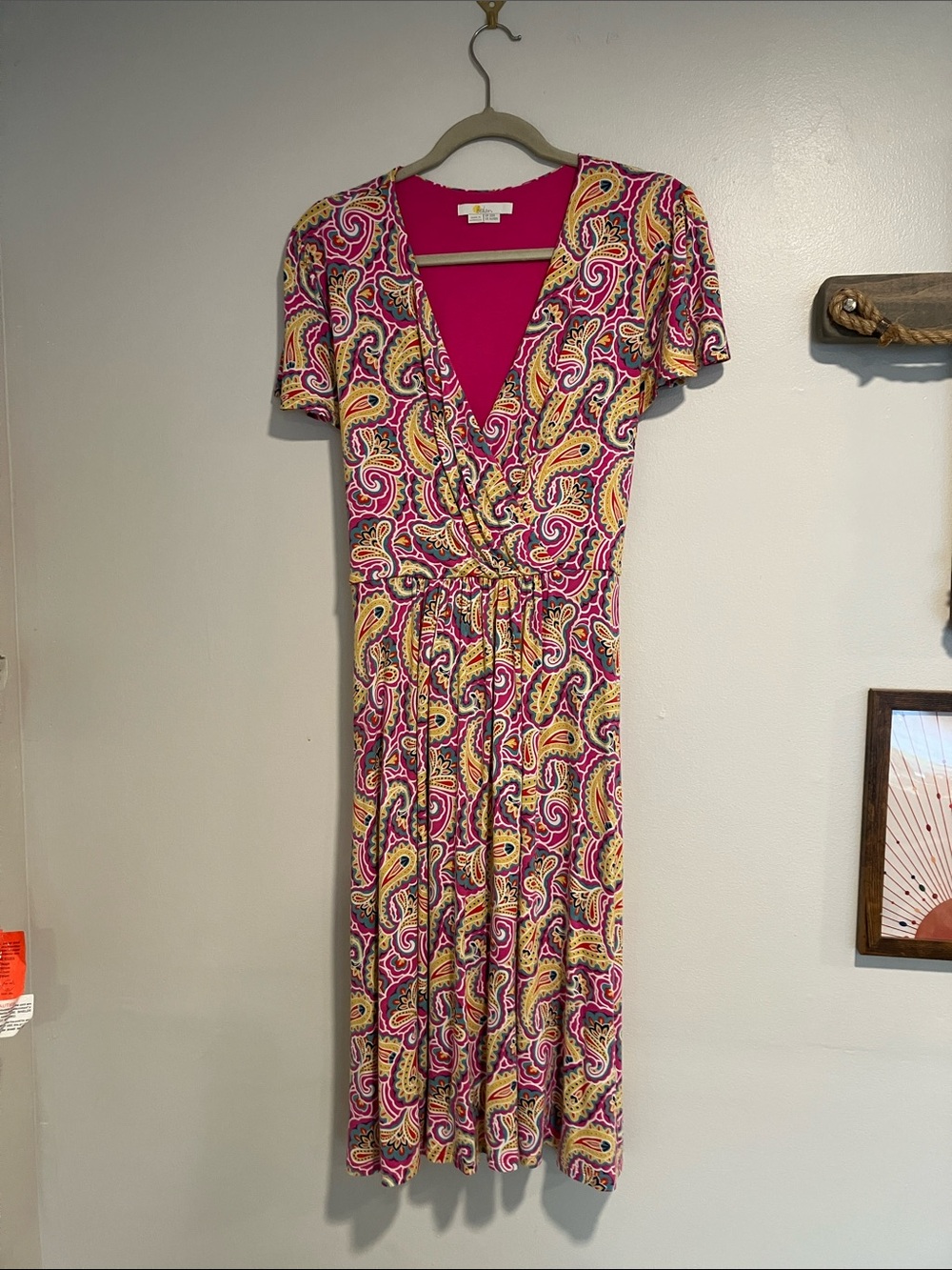 Boden Pink Paisley V-Neck Midi Dress with Yellow Accents Size 16/18